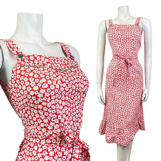 VINTAGE 60s 70s RED WHITE BLUE DAISY FLOWER MOD PRAIRIE SUMMER SUN-DRESS 8 10