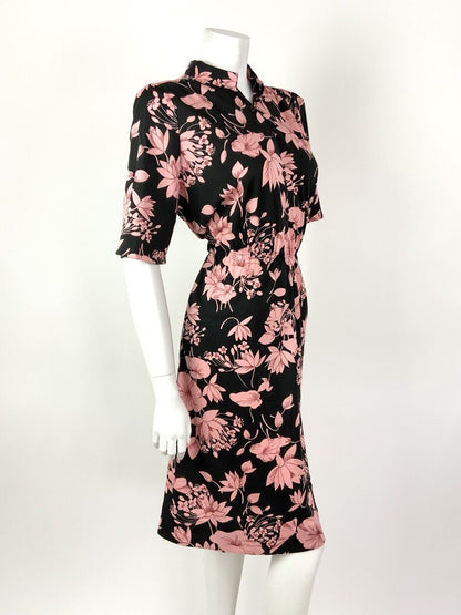 VTG 60s 70s BLACK BABY PINK RED FLORAL MANDARIN COLLAR BLOUSON SHIRT DRESS 12 14
