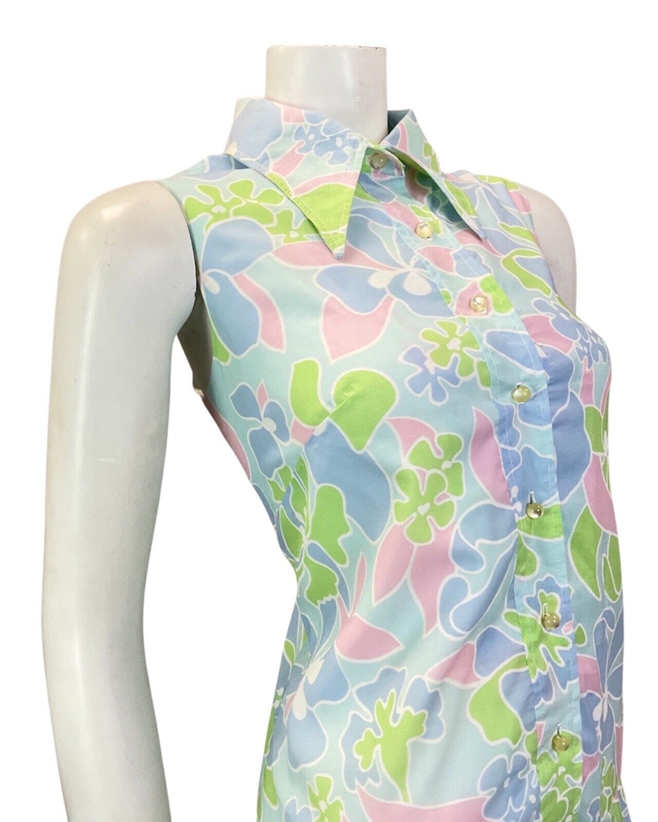 VTG 60s 70s BLUE GREEN PINK FLORAL DROP-WAIST PLEATED DAGGER SHIRT DRESS 10 12