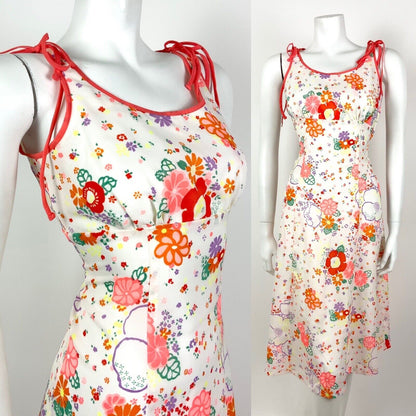 VINTAGE 60s 70s WHITE ORANGE PINK GREEN FLORAL DITSY EMPIRE LINE SUMMER DRESS 10