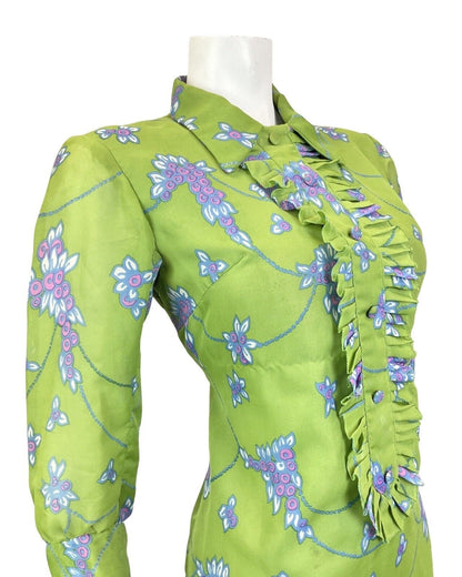 VINTAGE 60s 70s GREEN BLUE FLORAL MOD DAGGER COLLAR RUFFLED SHIFT DRESS 10 12