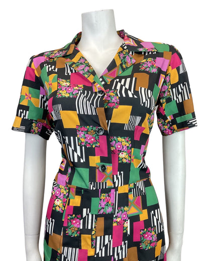 VINTAGE 60s 70s BLACK PINK YELLOW GREEN GEOMETRIC STRIPED FLORAL SHIRT DRESS 14