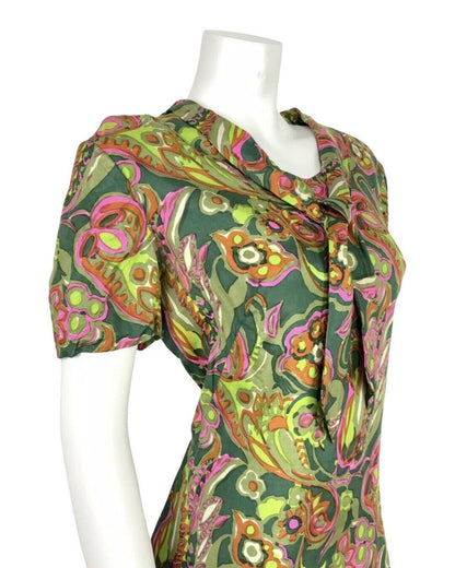 VTG 60s 70s LIME GREEN PINK ORANGE SHAWL PSYCHEDELIC FLORAL SHIFT DRESS 12 14