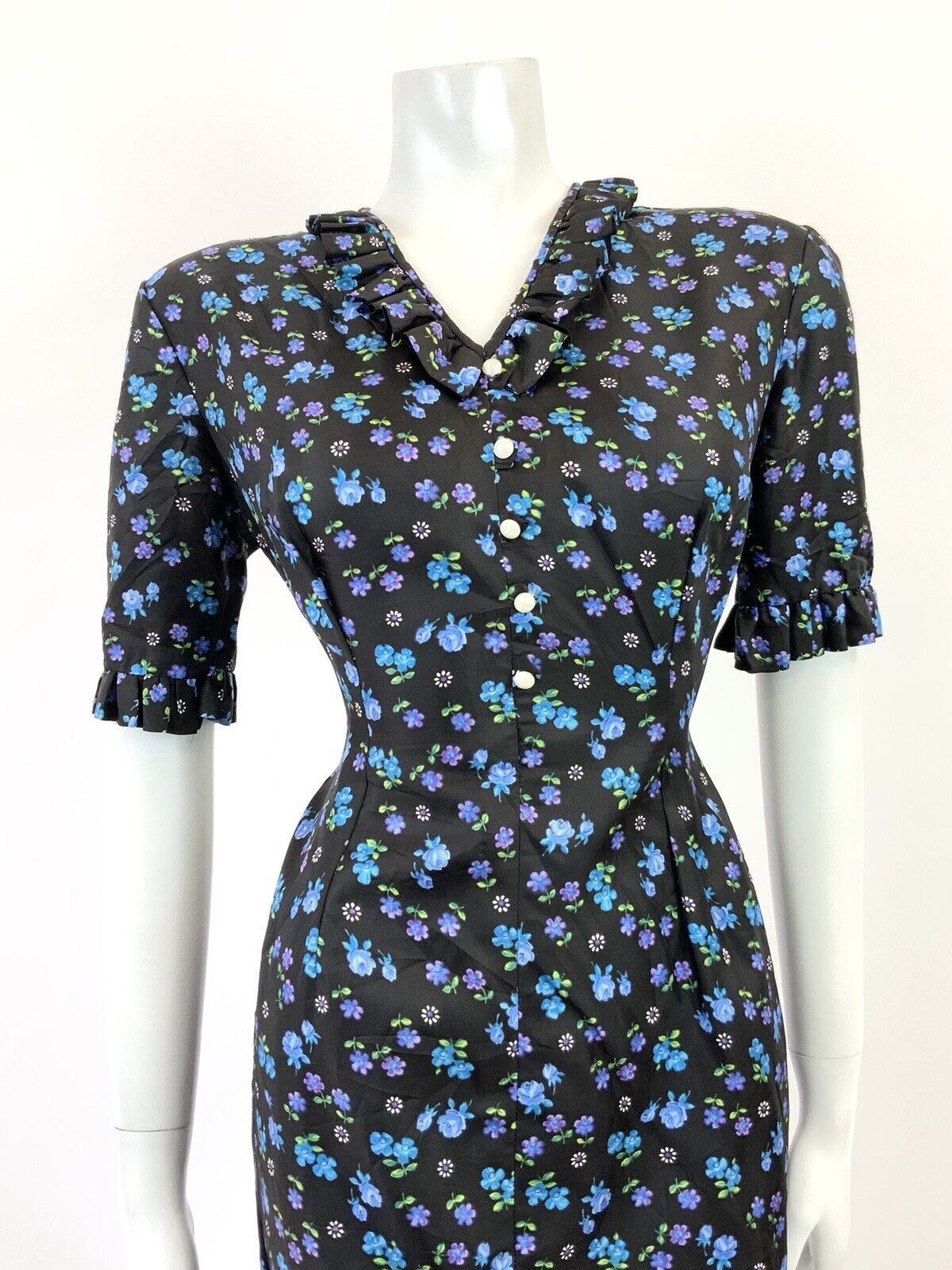 VINTAGE 60s 70s BLACK BLUE PURPLE FLORAL ROSE DAISY FITTED WIGGLE DRESS 10 12