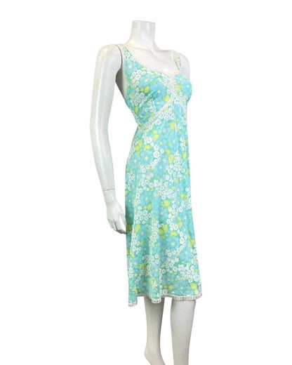 VINTAGE 60s 70s BLUE GREEN WHITE DAISY FLOWER LACE SUMMER NIGHT SLIP DRESS 14 16
