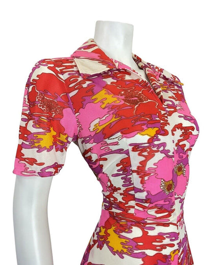 VINTAGE 60s 70s PINK RED PURPLE PSYCHEDELIC FLORAL MOD DAGGER SHIRT DRESS 10 12
