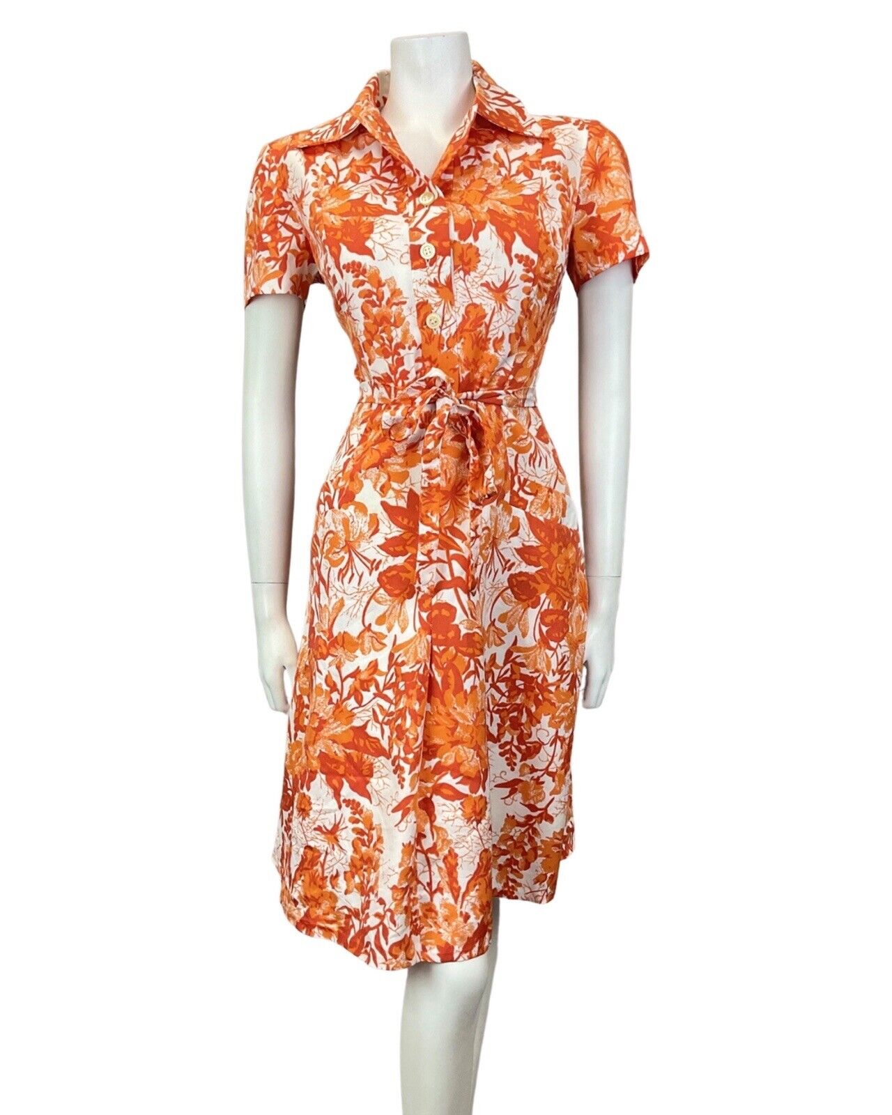 VINTAGE 60s 70s ORANGE RED WHITE FLORAL PSYCHEDELIC BELTED SHIRT DRESS 12 14