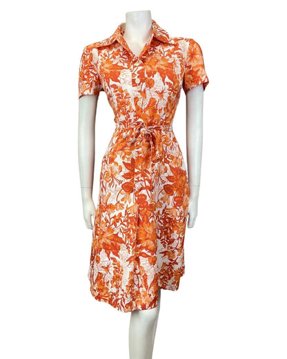 VINTAGE 60s 70s ORANGE RED WHITE FLORAL PSYCHEDELIC BELTED SHIRT DRESS 12 14