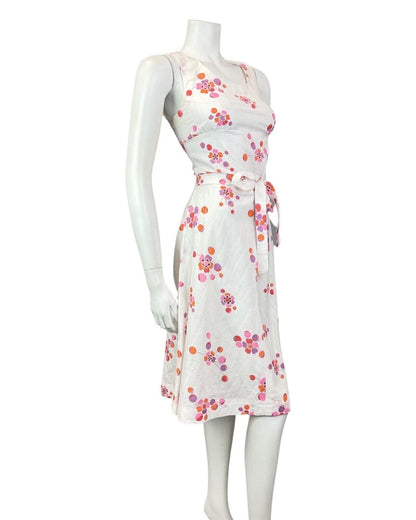 VINTAGE 60s 70s WHITE RED PINK FLORAL DOTTY MOD SLEEVELESS SUMMER DRESS 10