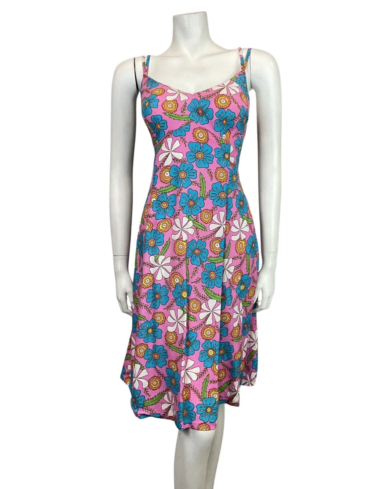 VINTAGE 60s 70s PINK BLUE WHITE HAWAIIAN FLORAL STRAPPY SUN DRESS 12 14