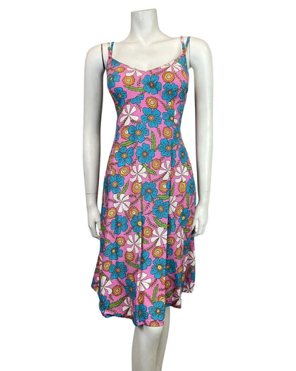 VINTAGE 60s 70s PINK BLUE WHITE HAWAIIAN FLORAL STRAPPY SUN DRESS 12 14