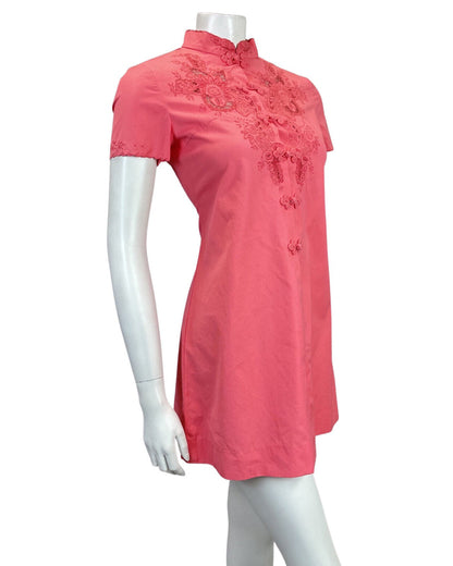 VTG 60s STYLE 90s CORAL PINK FLORAL EMBROIDERED CHEONGSAM QIPAO SHORT DRESS 8