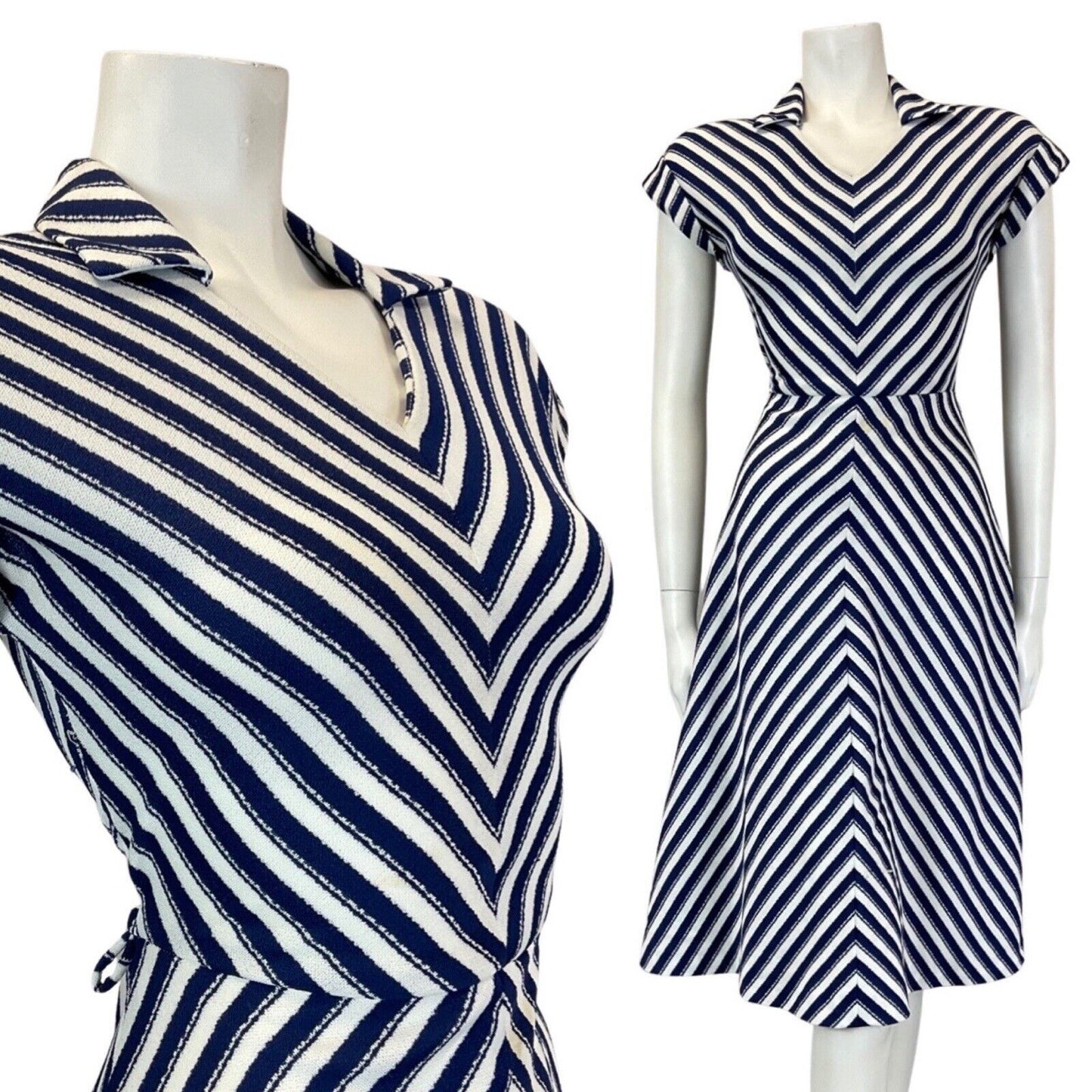VINTAGE 60s 70s NAVY BLUE WHITE STRIPED MOD SHIRT SWING FLARED DRESS 8 10