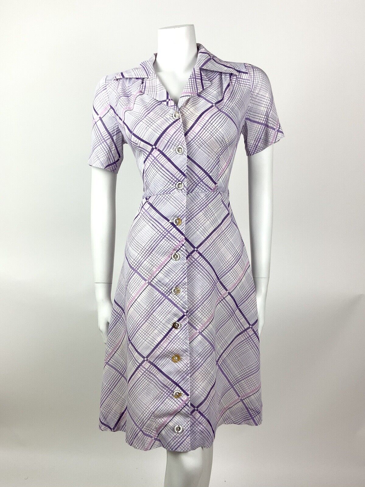VINTAGE 60s 70s LILAC PURPLE WHITE GRID CHECKED DAGGER SHIRT DRESS 10 12