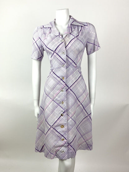 VINTAGE 60s 70s LILAC PURPLE WHITE GRID CHECKED DAGGER SHIRT DRESS 10 12