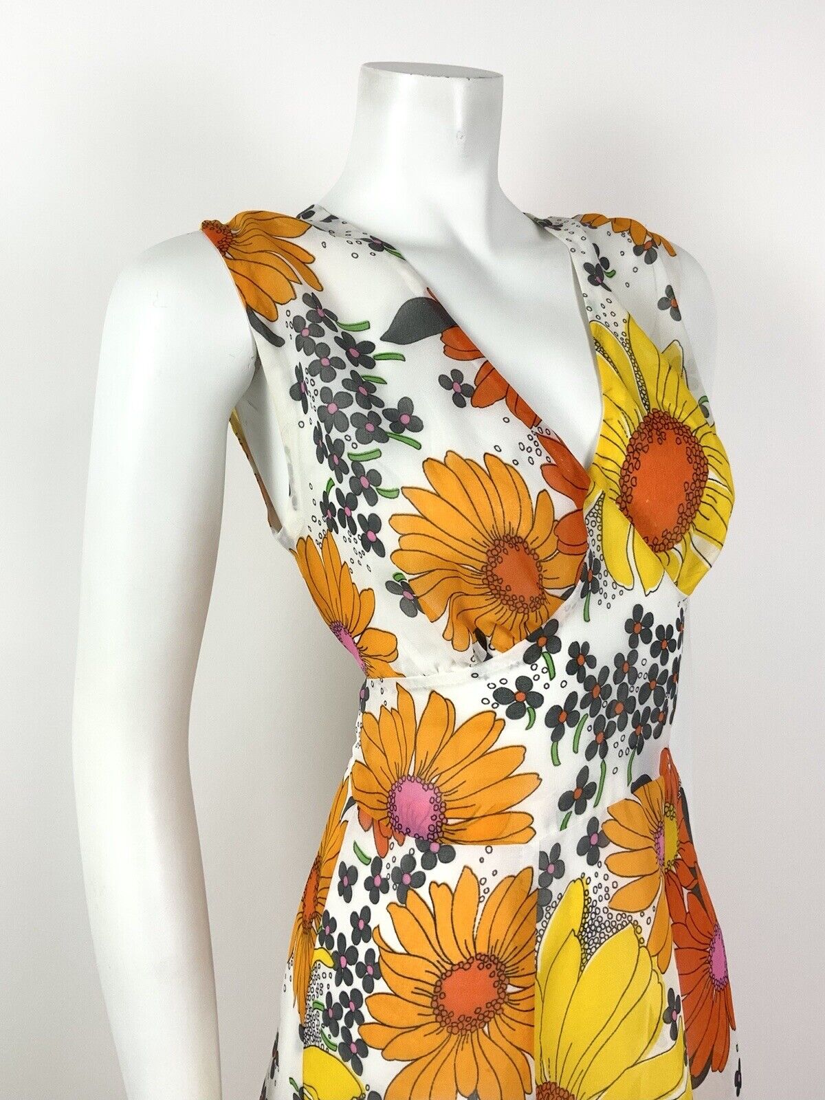 VTG 60s 70s WHITE ORANGE YELLOW FLORAL DAISY SHEER V-NECK SUMMER DRESS 12 14