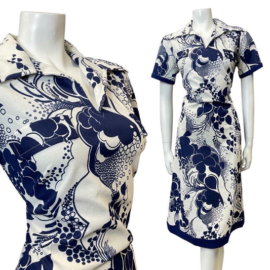VINTAGE 60s 70s BLUE WHITE FLORAL DOTTY SHORT-SLEEVE MOD DAGGER SHIRT DRESS 14