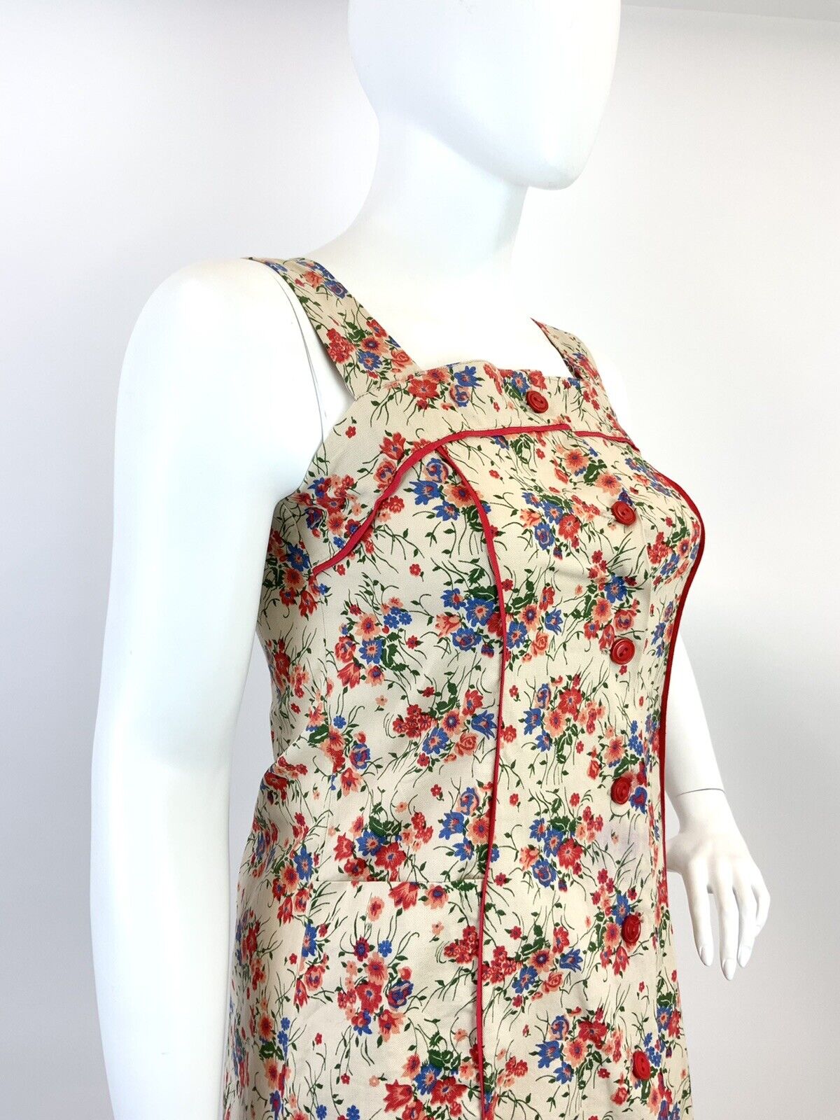 VTG 60s 70s BEIGE RED BLUE GREEN FLORAL VINE BOHO APRON PINAFORE SUMMER DRESS 14
