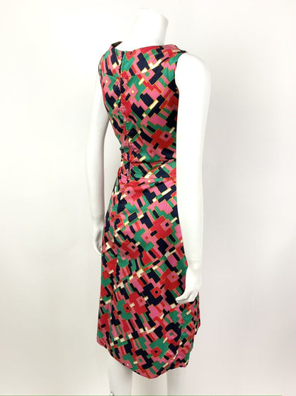 VTG 60s 70s PINK BLUE GREEN GOLD GEOMETRIC PSYCHEDELIC SLEEVELESS DRESS 12 14