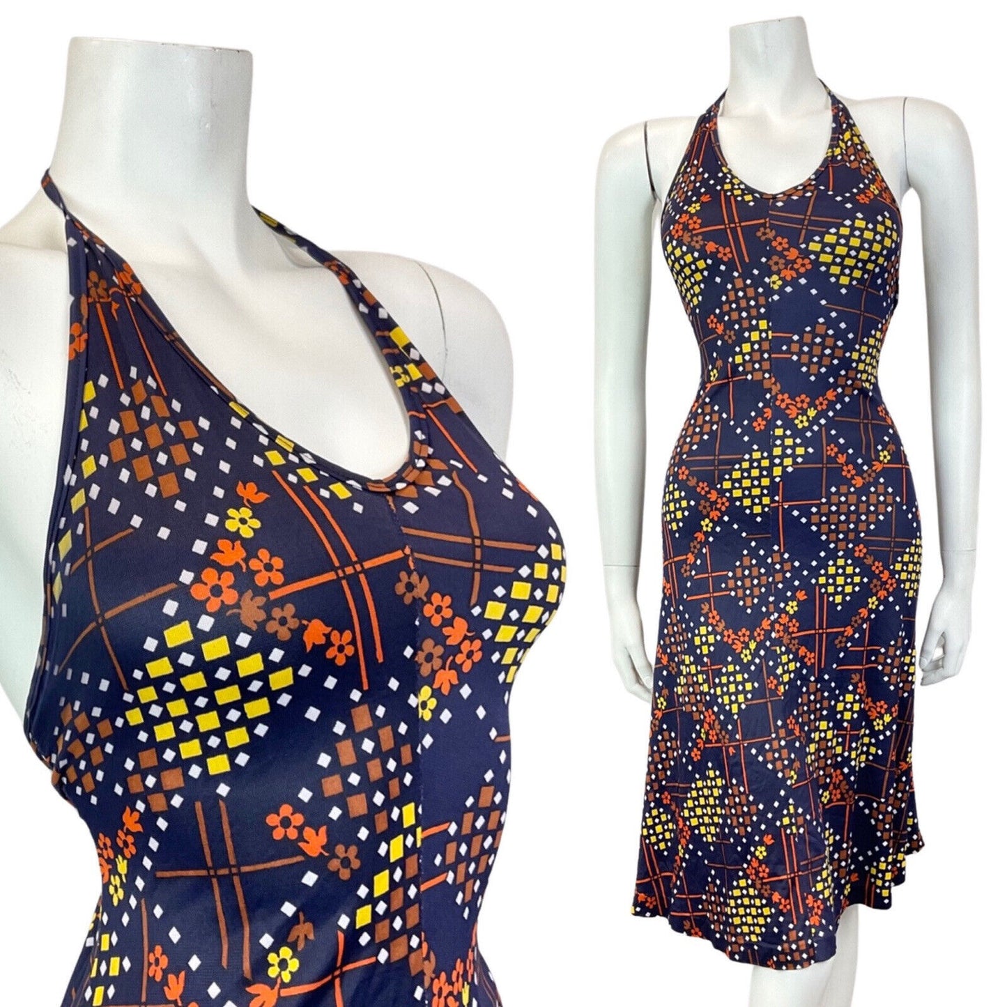 VINTAGE 60s 70s BLUE BROWN YELLOW GEOMETRIC MOD SUMMER HALTER DRESS 8