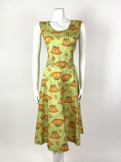 VINTAGE 60s 70s LIME GREEN ORANGE BROWN CHECKED FLORAL FAN MOD DRESS 12 14