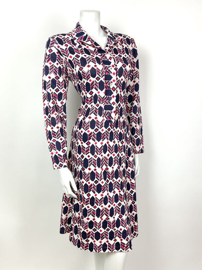 VINTAGE 60s 70s WHITE BLUE RED GEOMETRIC DAGGER COLLAR MOD SHIRT DRESS 14 16