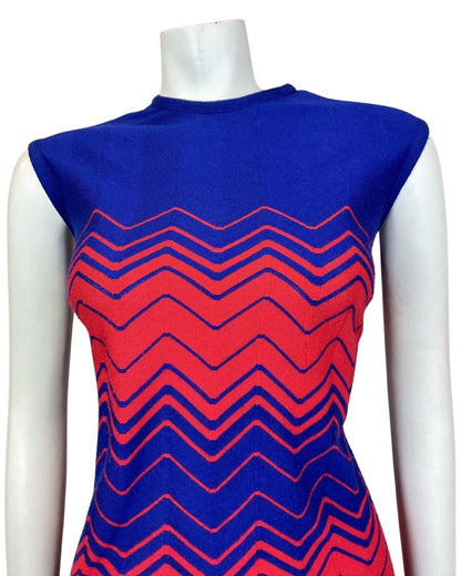 VINTAGE 60s 70s BLUE RED ZIG-ZAG GEOMETRIC SLEEVELESS MOD KNIT DRESS 12 14