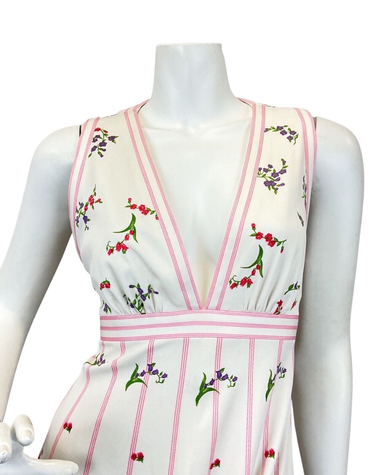 VINTAGE 60s 70s WHITE RED PINK FLORAL BOTANICAL SLEEVELESS SUMMER MAXI DRESS 10