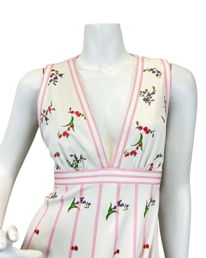 VINTAGE 60s 70s WHITE RED PINK FLORAL BOTANICAL SLEEVELESS SUMMER MAXI DRESS 10