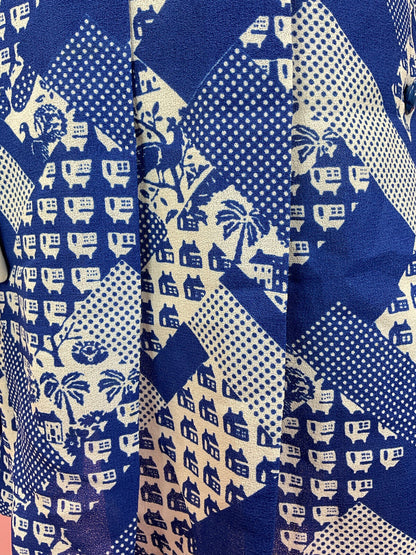VTG 60s 70s BLUE WHITE GEOMETRIC POLKA-DOT PALM TREE MOD DAGGER SHIRT DRESS 10
