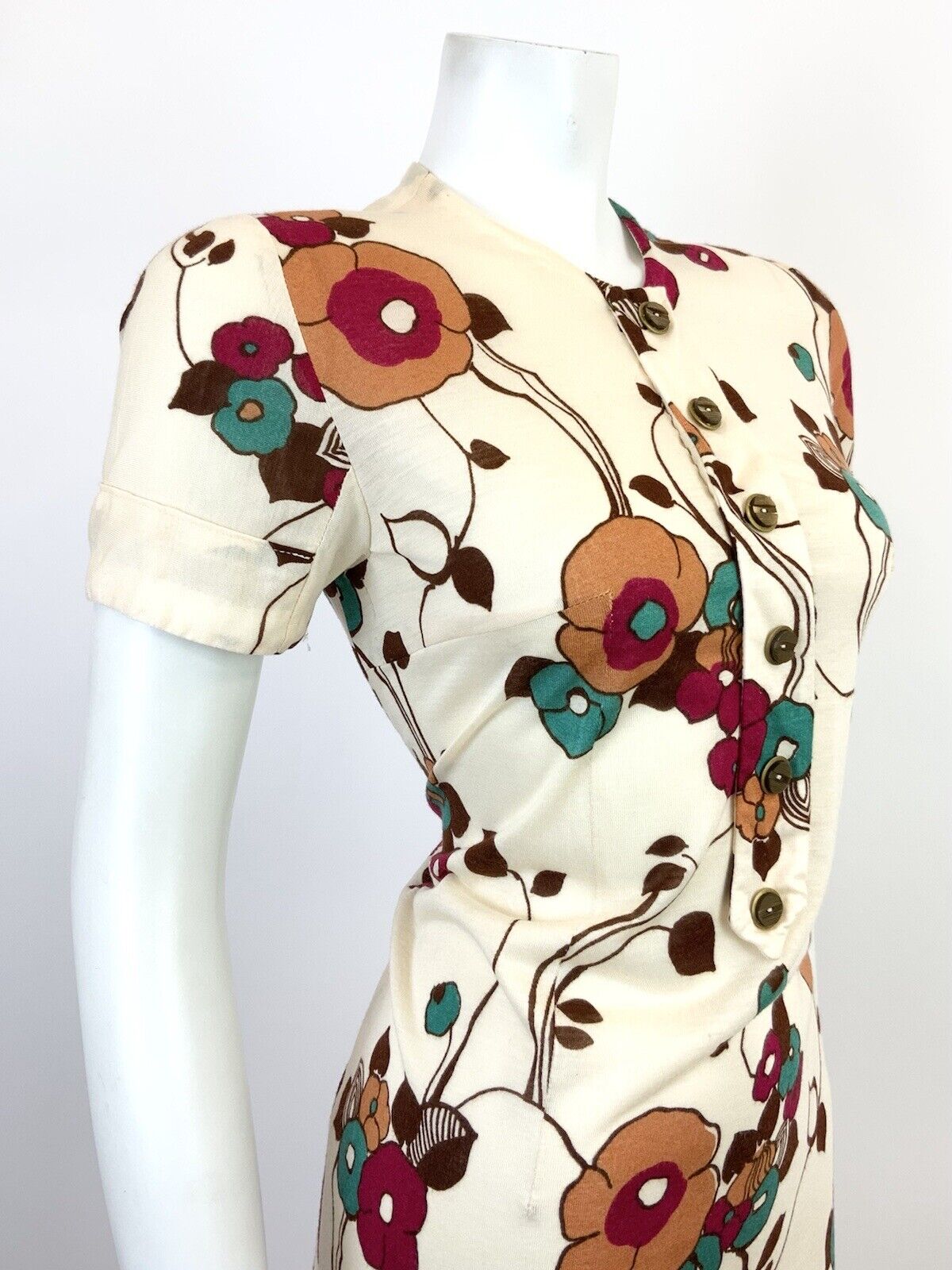 VINTAGE 60s 70s CREAM BROWN RED FLORAL VINE SHORT SHIFT DRESS 10 12