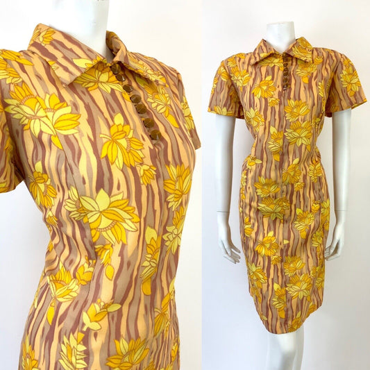 VINTAGE 60s 70s YELLOW BROWN BEIGE STRIPED FLORAL MOD SHIRT SHIFT DRESS 14 16