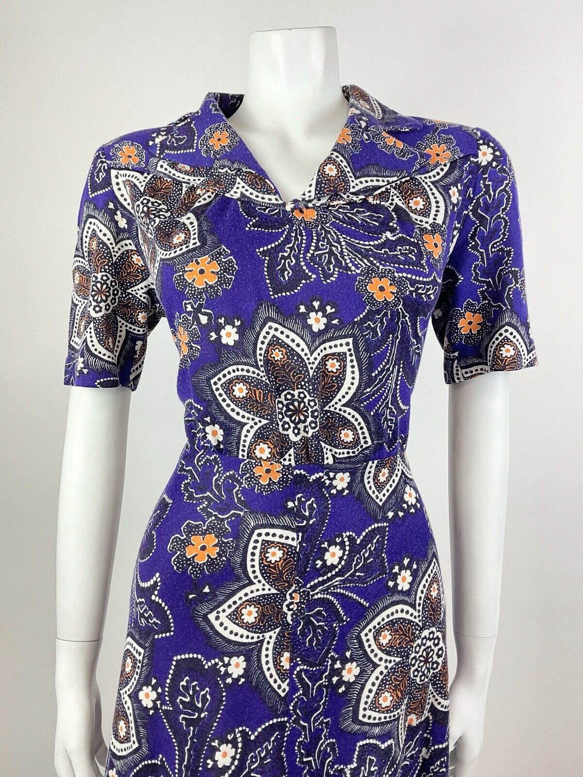 VINTAGE 60s 70s PURPLE WHITE ORANGE PSYCHEDELIC FLORAL DOTTY SHIRT DRESS 12