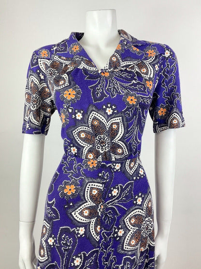 VINTAGE 60s 70s PURPLE WHITE ORANGE PSYCHEDELIC FLORAL DOTTY SHIRT DRESS 12