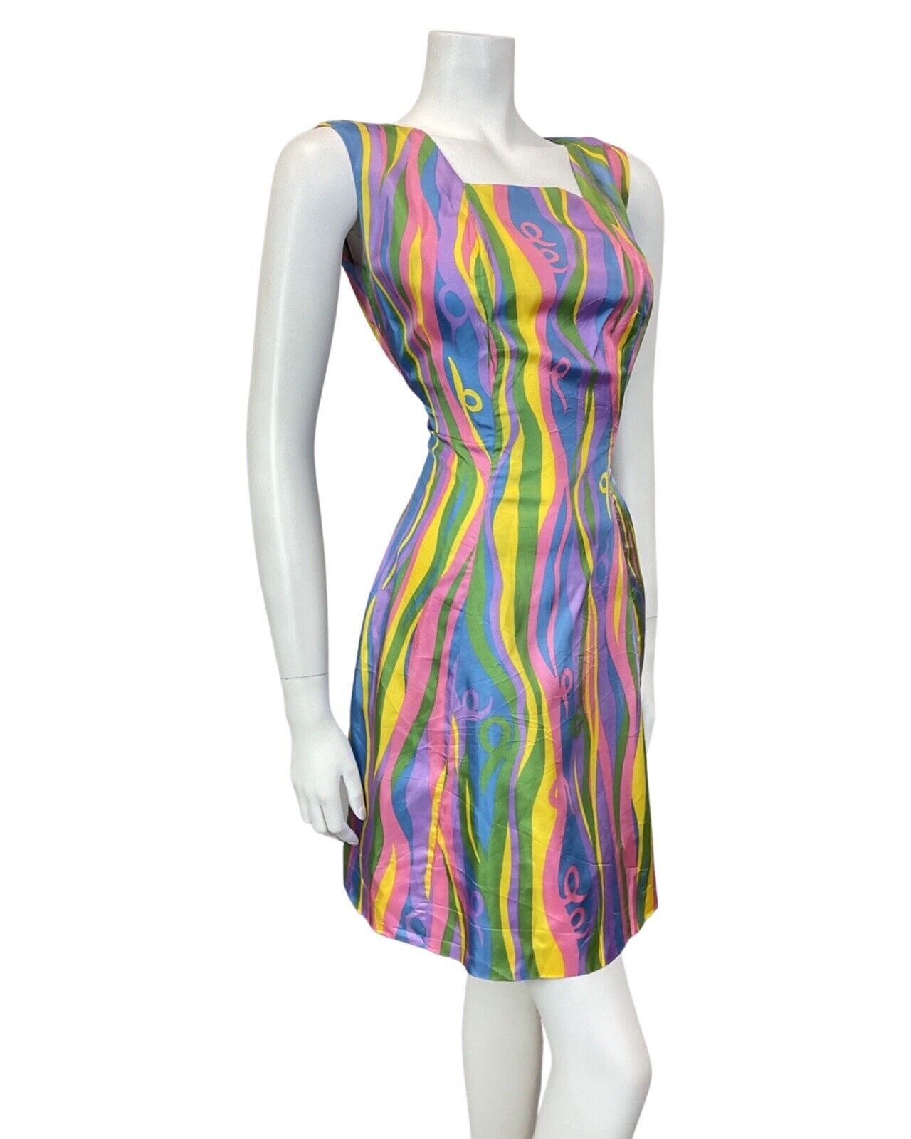 VINTAGE 60s 70s PURPLE BLUE YELLOW GREEN PSYCHEDELIC SLEEVELESS WIGGLE DRESS 10