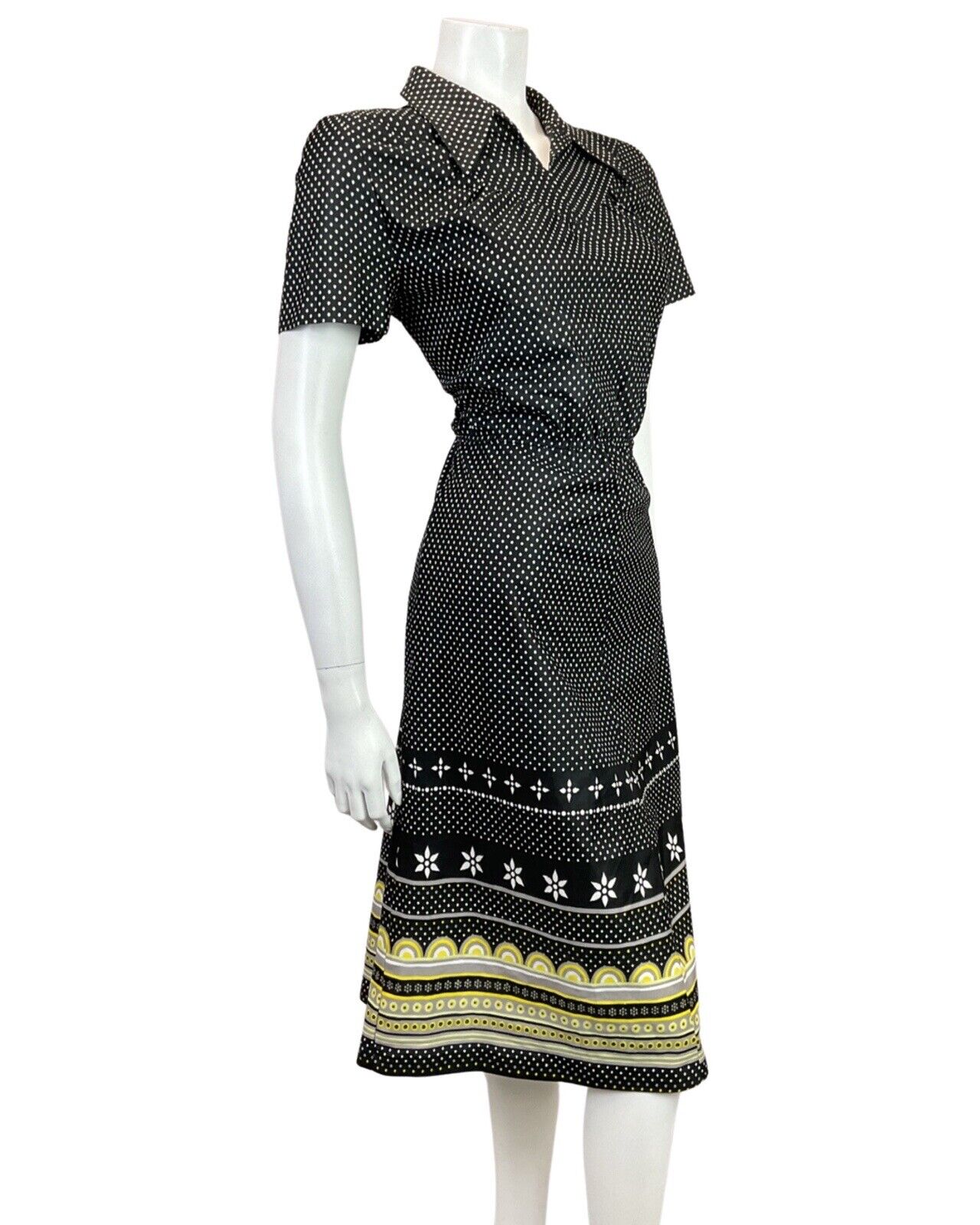 VINTAGE 60s 70s BLACK WHITE YELLOW POLKA-DOT GEOMETRIC DAISY MOD SHIRT DRESS 10