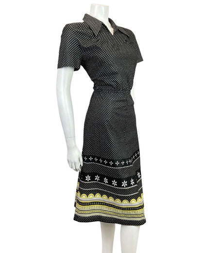 VINTAGE 60s 70s BLACK WHITE YELLOW POLKA-DOT GEOMETRIC DAISY MOD SHIRT DRESS 10