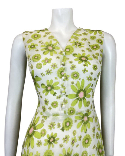 VINTAGE 60s 70s GREEN WHITE PINK FLORAL DAISY MOD SLEEVELESS SWING DRESS 8 10