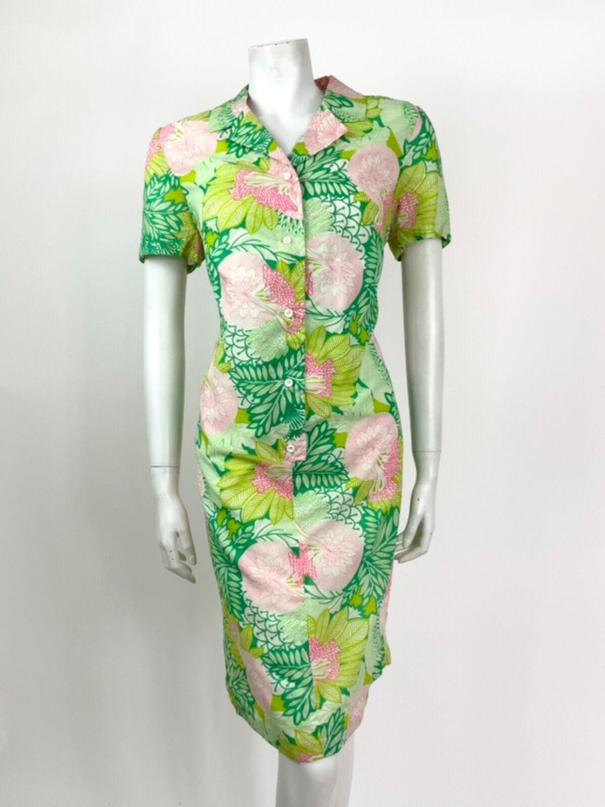 VINTAGE 60s 70s GREEN WHITE PINK FLORAL LEAFY PSYCHEDELIC SHIRT DRESS 14