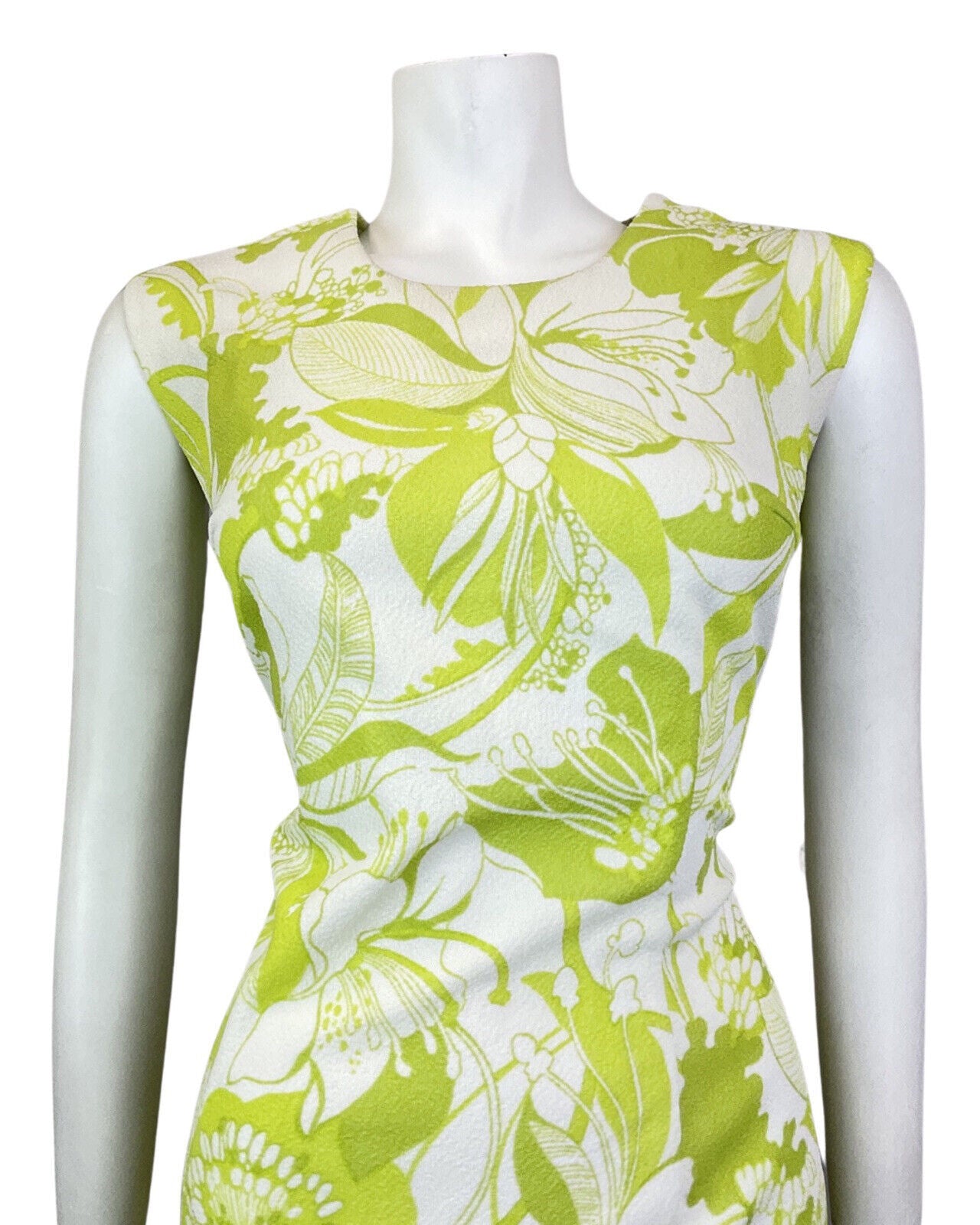 VINTAGE 60s 70s LIME GREEN WHITE FLORAL LEAFY SLEEVELESS SUMMER DRESS 14 16