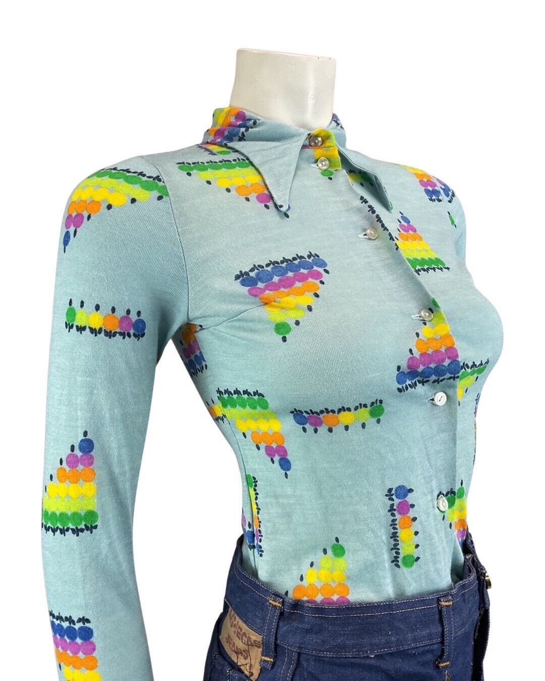 VINTAGE 60s 70s BLUE GREEN YELLOW GEOMETRIC DOTTY MOD DAGGER COLLAR SHIRT 4