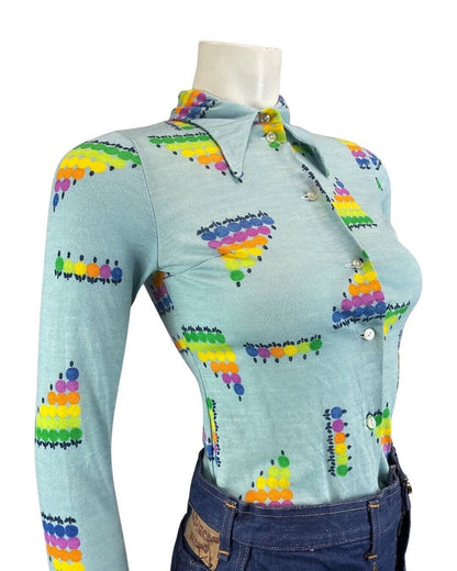 VINTAGE 60s 70s BLUE GREEN YELLOW GEOMETRIC DOTTY MOD DAGGER COLLAR SHIRT 4