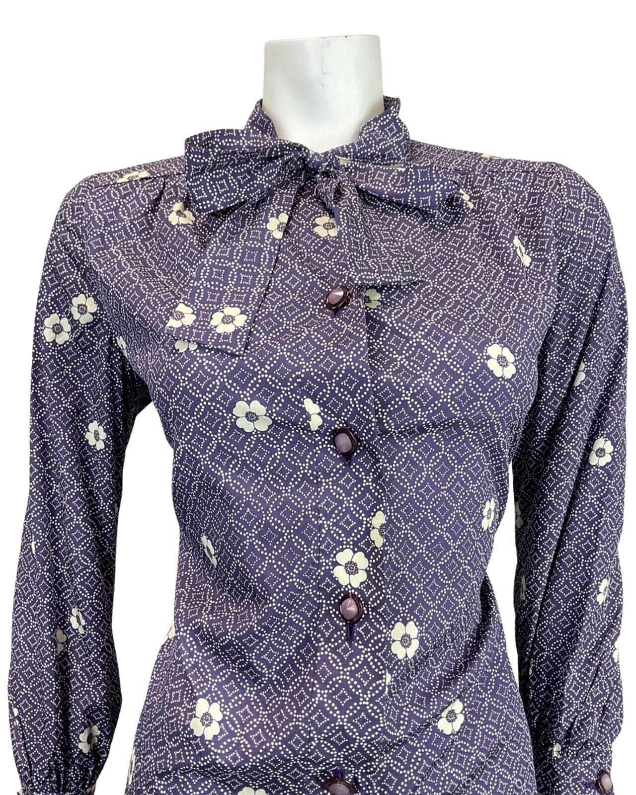 VINTAGE 60s 70s PURPLE WHITE GEOMETRIC DOTTY FLORAL PUSSYBOW SHIRT DRESS 12 14