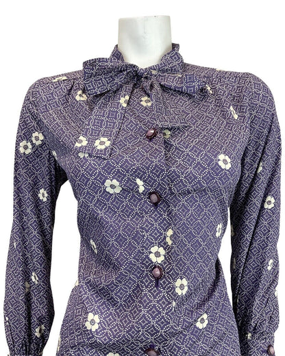 VINTAGE 60s 70s PURPLE WHITE GEOMETRIC DOTTY FLORAL PUSSYBOW SHIRT DRESS 12 14