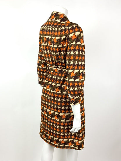 VINTAGE 60s 70s ORANGE BROWN GREEN CREAM GEOMETRIC HOUNDSTOOTH SHIRT DRESS 12 14
