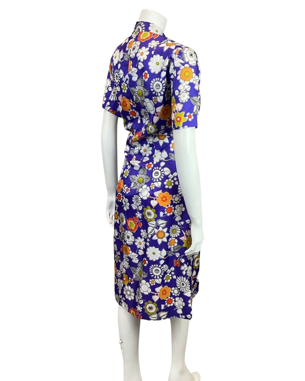 VINTAGE 60s 70s PURPLE WHITE ORANGE FLORAL DAISY PUSSYBOW MOD DRESS 14