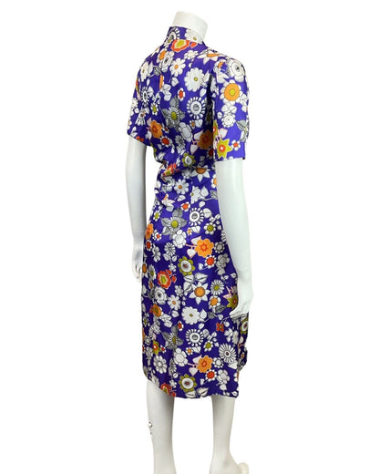 VINTAGE 60s 70s PURPLE WHITE ORANGE FLORAL DAISY PUSSYBOW MOD DRESS 14