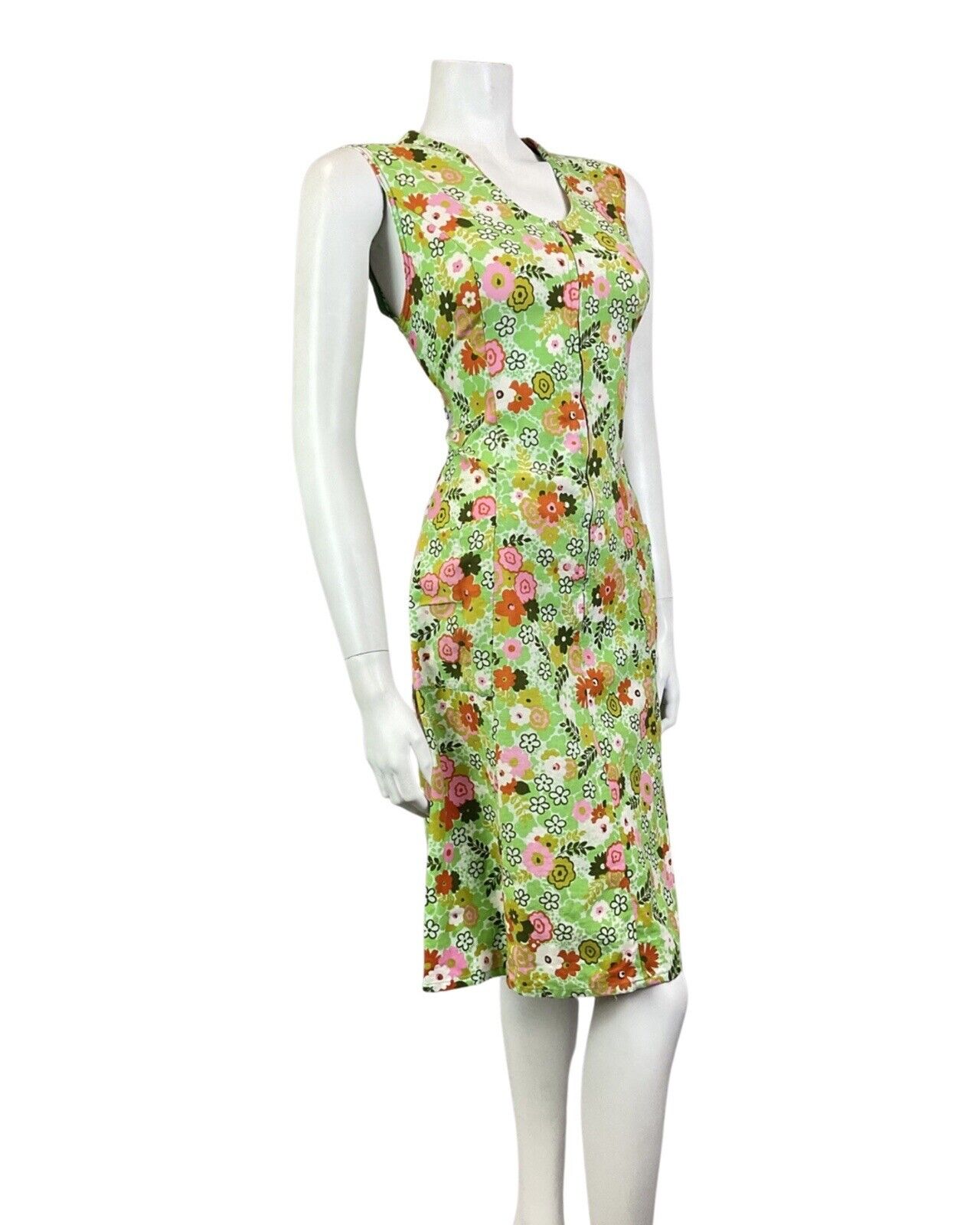 VINTAGE 60s 70s GREEN PINK WHITE FLORAL PSYCHEDELIC ZIP-UP MOD DRESS 12