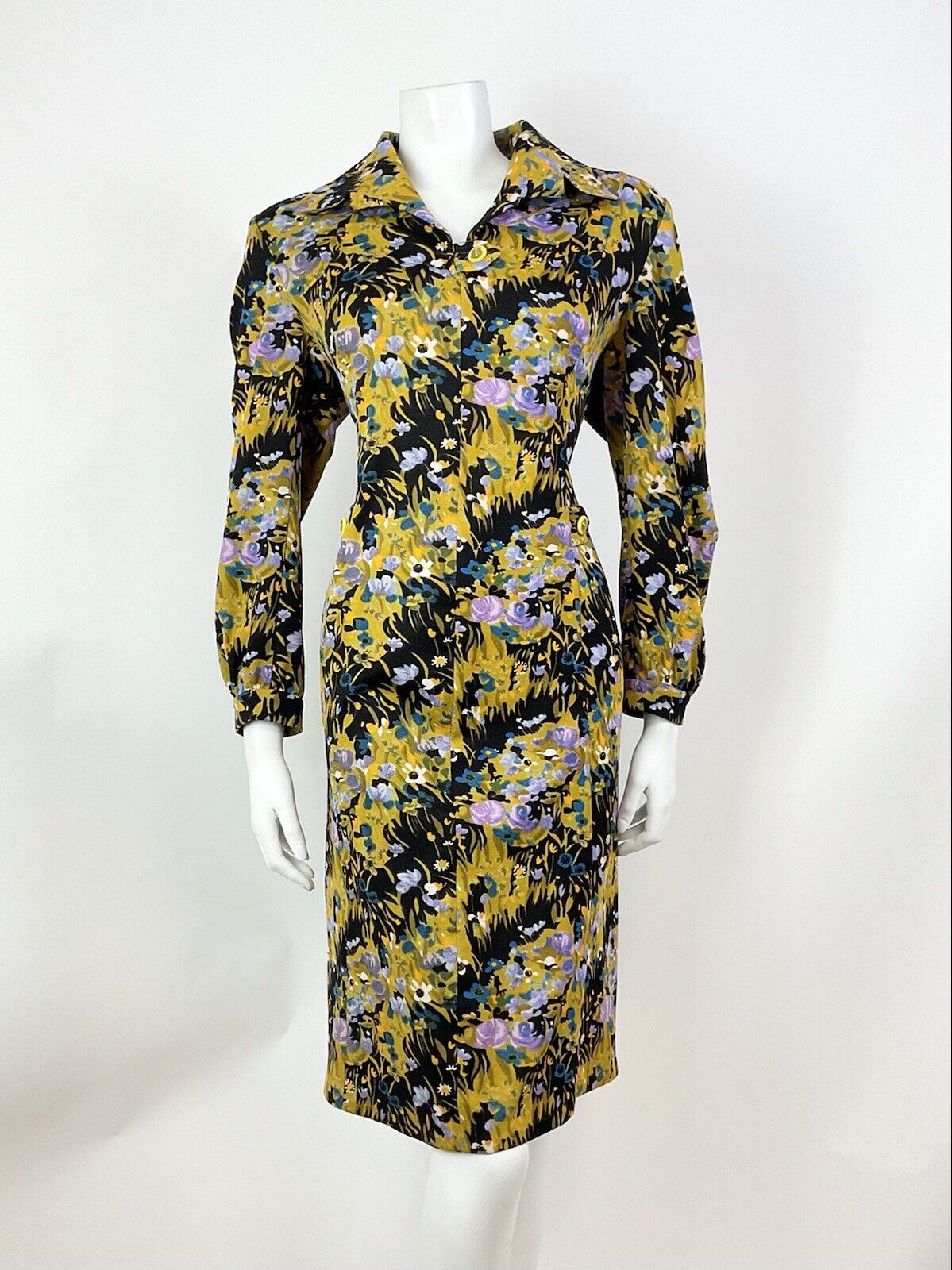 VINTAGE 60s 70s YELLOW BLUE GREEN BLACK PSYCHEDELIC FLORAL SHIRT DRESS 16 18