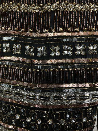 VTG 70s BLACK BRONZE SILVER DECO STRIPED BEADED SEQUIN PARTY TROPHY JACKET 8 10